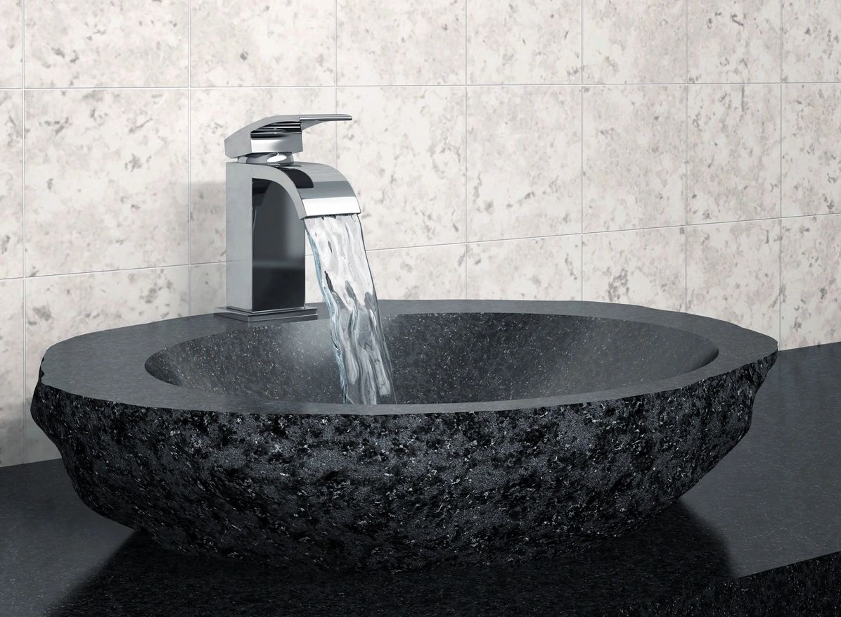 3D rendering of a faucet with rock-like basin